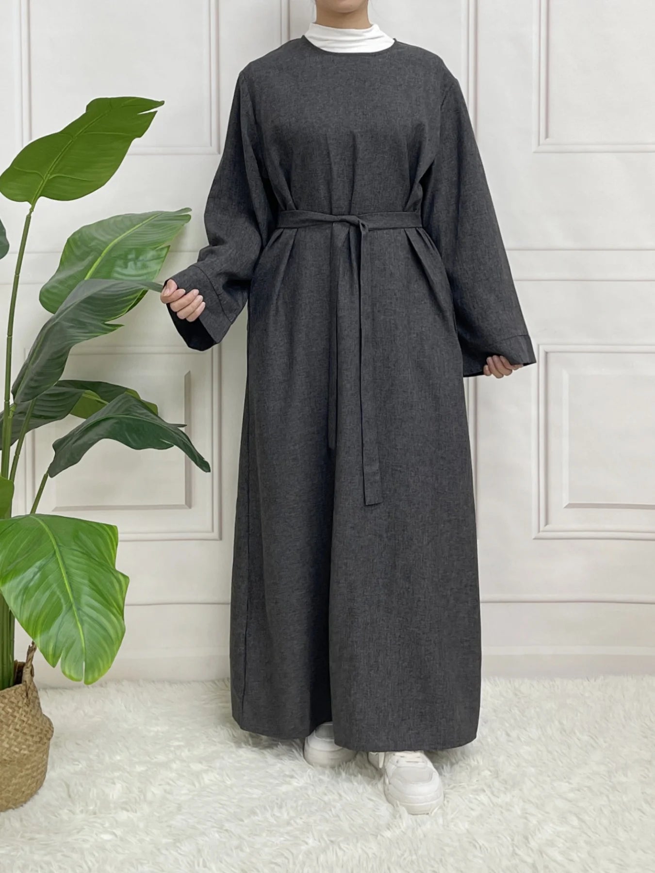 Muslim Abaya Hoodless One Piece Prayer Dress for Women with Belt Basics